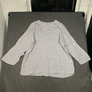 Womens Top Large Linen Tunic Blue Striped Long Sleeve Lagenlook Relaxed Boho